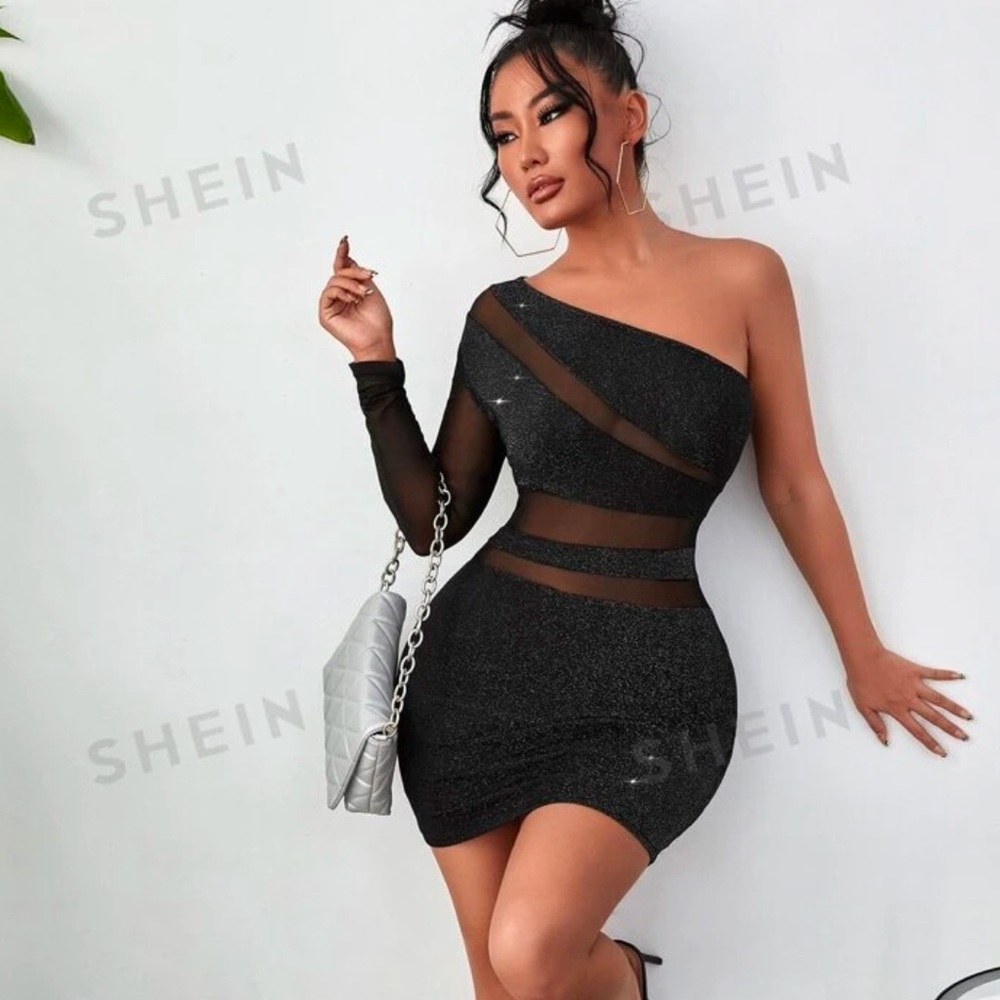 NWT SHEIN Black One-Shoulder Mesh Dress